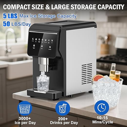 Nugget Ice Maker Countertop 50 LBS/Day, 5 LBS Ice Bin, Water Dispenser