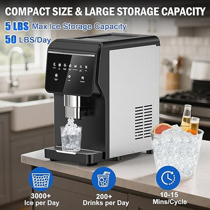 Nugget Ice Maker Countertop 50 LBS/Day, 5 LBS Ice Bin, Water Dispenser