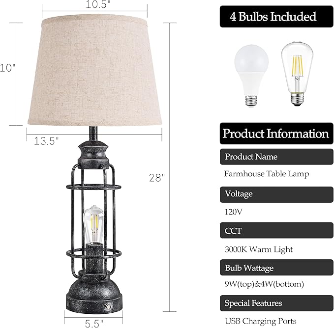 28" Table Lamps for Living Room Set of 2, 3 Way Dimmable Touch Lamps with USB A+C Ports,Farmhouse Table Lamps for Bedroom,Industrial Lamp for Living Room End Tables, 4 Bulbs Included