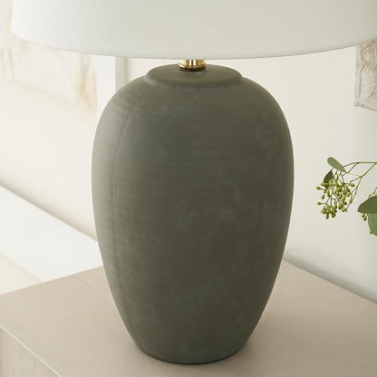 Nourison Home 23" Olive Green Ceramic Pot Table Lamp for Bedroom, Living Room, Dining Office, with White Tapered Drum Shade