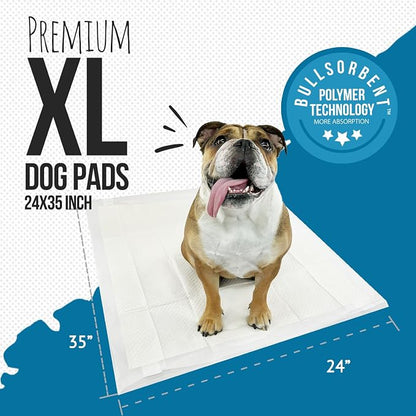 Bulldogology Puppy Pee Pads XL with Adhesive Sticky Tape - Extra Large Dog Training Wee Pads (24x35) 6 Layers with Extra Quick Dry Bullsorbent Polymer Tech (60-Count, White)