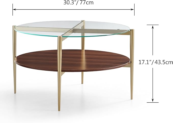Saint Mossi BLEVIO Glass Round Coffee Table, Middle-Century Modern Style, Perfect for Living Room, Clear Glass Top & Walnut Brown MDF Wood Top, with Gold Finish Legs & Frame