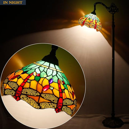 WERFACTORY Tiffany Floor Lamp Green Yellow Stained Glass Dragonfly Arch Lamp 12X18X64 Inch Gooseneck Adjustable Corner Standing Reading Light Decor Bedroom Living Room S009G Series