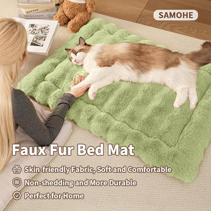 Cat Beds for Indoor Cats Faux Fur Pet Pad Mat Plush Kitten Bed with Non-Slip Bottom for Carriers/Couch Dog & Puppy Friendly 35 x 27 Inch X-Large Green
