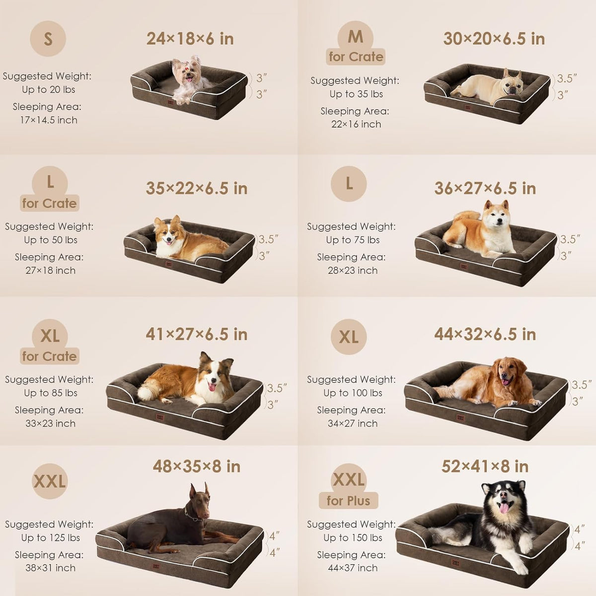 EHEYCIGA Orthopedic Dog Beds for Large Dogs, Waterproof Memory Foam Large Dog Bed with Sides, Non-Slip Bottom and Egg-Crate Foam Pet Couch Bed with Washable Removable Cover, Brown