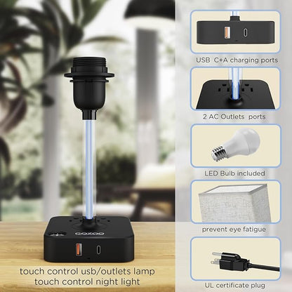 COZOO 3 Way Dimmable Touch Bedside Table Lamp with 3 USB Charging Ports 2 Outlets Power Strip,Black Charger Base White Fabric Shade,LED Desk Night Light for Bedroom/Nightstand/Living Room/College Dorm