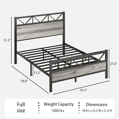 Full Size Bed Frame, 51.2" Tall Industrial Headboard, Full Platform Bed Frame with Strong Steel Slats Support, Noise Free, No Box Spring Needed, Easy Assembly, Wash Grey