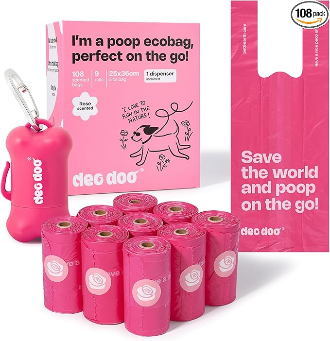 Dog Poop Bags with Handles 9 Rolls 108 Counts Big Sizes Leak Proof and Extra Thick Waste Bags Refill Rolls for Walking Small Medium Large Dogs Cats Litter With Holder Rose Scented