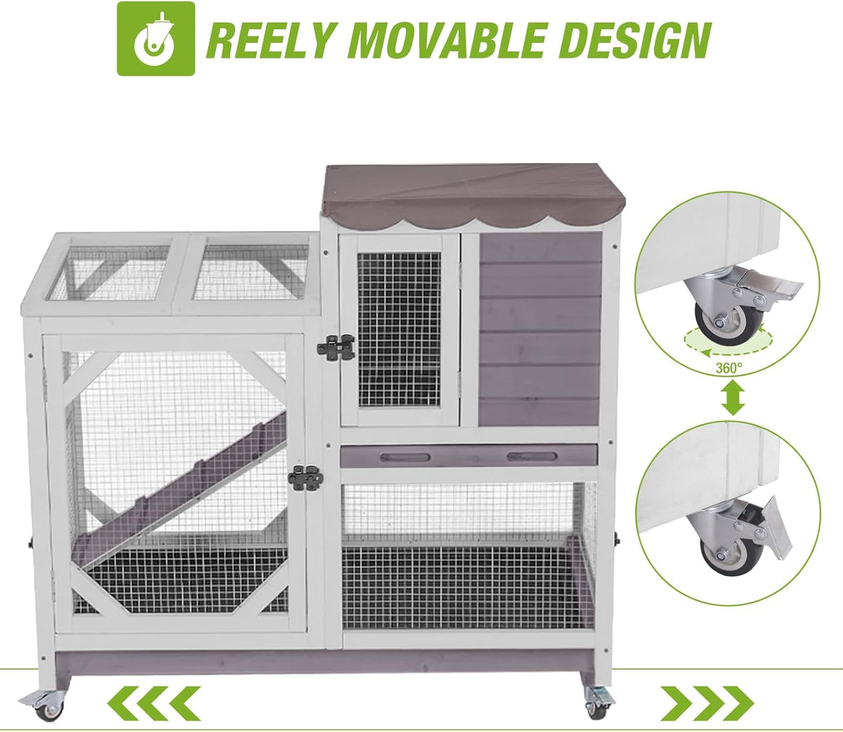 GUTINNEEN 2-Story Rabbit Hutch Indoor with Chew-Proof Design & Slide-Out Trays - Wooden Small Animal Cage Guinea Pig Cages with Lockable Wheels for 2-3 Rabbits, Bunnies, Guinea Pigs (Grey)