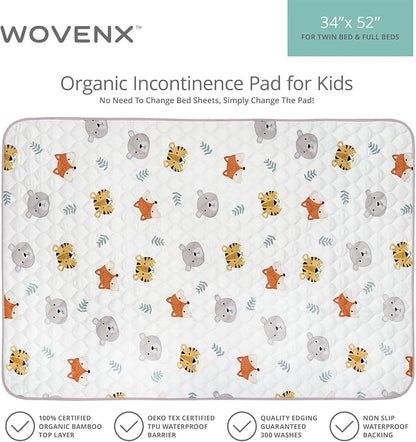 Organic Incontinence Pads for Kids & Toddlers - 5 Layer Waterproof Protectors for Overnight Bed Wetting - Reusable & Washable Pee Pads - Fits Twin to Full Size Beds - 34" x 52" Tiger Bear Fox