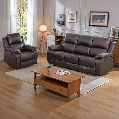 JBXBER Manual Recliner Sofa Set for Living Room, Leather Reclining Sofa Sets, Faux Leather Couch Set with Cup Holders, Drop-Down Table and Storage Console(Sofa and Chair,Brown)