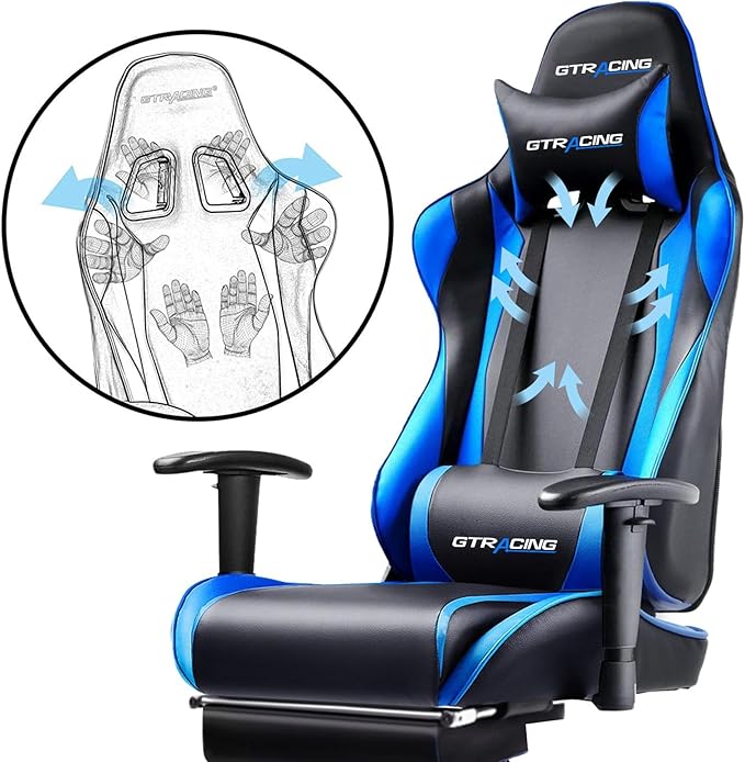 GTPLAYER Gaming Chair with Footrest, Ergonomic Computer Game Desk Chair, Reclining Game Chair Seat Height Adjustment, Swivel Rocker with Headrest and Lumbar (Blue)
