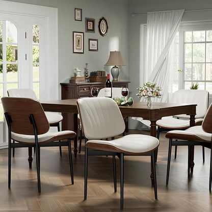 YaFiti Dining Chairs Set of 2, Dining Room and Kitchen Chairs, Mid Century Modern Accent Chair, Upholstered PU Leather Chairs for Vanity with Walnut Bentwood and Metal Legs, Beige