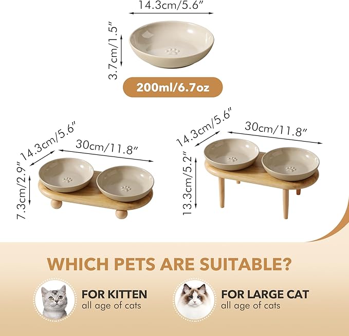 Raised Ceramic Wide Whisker Friendly Cat Dishes, Anti-Slip Food& Water Bowl with 2 Style Stand Adjustable Pet Bowl Set(2Dish+Stand, Vintage Latte)