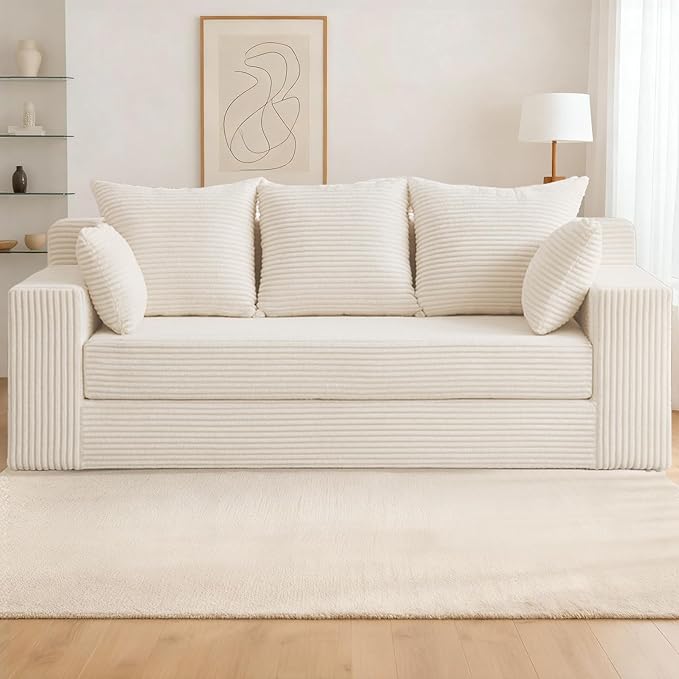 3 Seater Boneless Couch for Living Room, Convertible Futon Sofa Bed Comfy Pull Out Couch with 5 Pillows & Detachable Washable Cover, Upholstered Floor Sofa in A Box, No Assembly Required, Beige