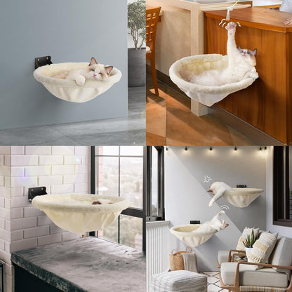Cat Hammock Wall Mounted, Foldable & Stable Cat Beds- Breathable Cats Wall Shelves for Sleeping, Playing, Climbing, and Lounging - Maximum Hold Up to 30lb（Cream,Faux Rabbit Fur）