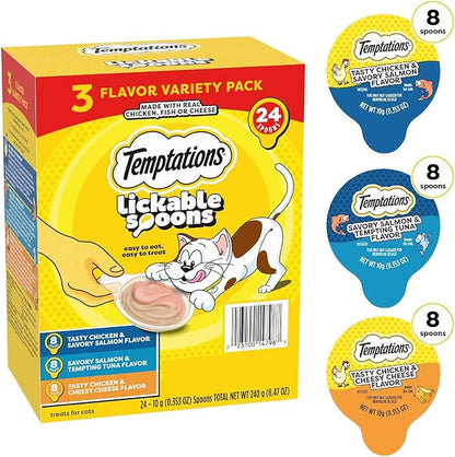 Temptations Lickable Spoons Adult Wet Cat Treat, 24 Spoons, Variety Pack