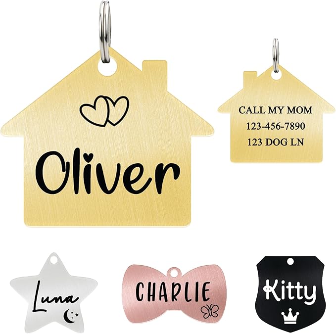 Ultra Joys Cat ID Tag Personalized Pet Tags, Durable Stainless Steel Small Pet Mini Dog Cat Tag Lightweight - House Tag in Gold