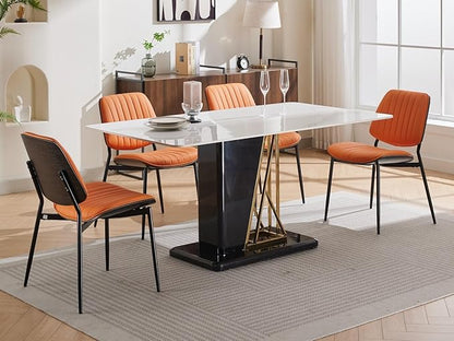 YaFiti Dining Chairs Set of 2, Mid Century Modern Dining Room Chairs, Upholstered PU Leather Vertical Stripe Kitchen Chair with Walnut Bentwood and Metal Legs, Orange