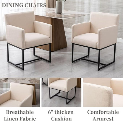 BESTANO Linen Upholstered Dining Chairs with Arms Set of 6 Mid Century Modern Accent Chairs Armchairs with Black Metal Frame, Modern Kitchen & Dining Room Chairs, Cream