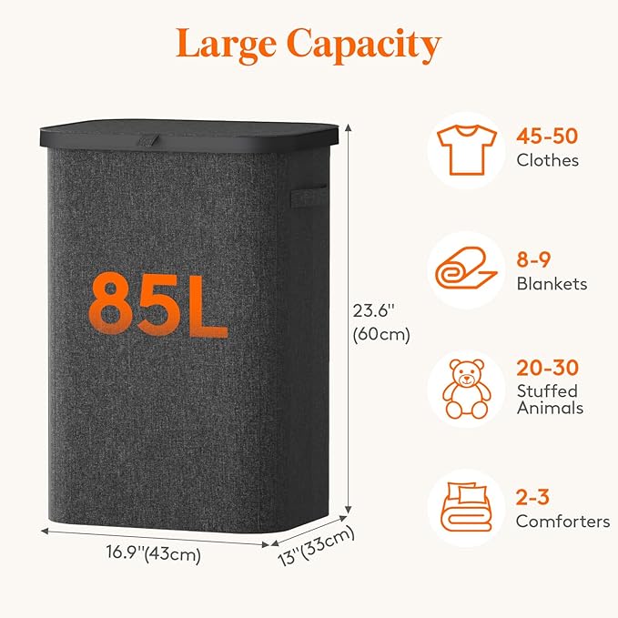 Lifewit 85L Laundry Basket with Lid, Large Laundry Hamper with Plastic Handles and Removable Bag, Foldable Tall Dirty Clothes Hampers for Laundry for Laundry Room, Bedroom, Bathroom, Dorm, Dark Gray