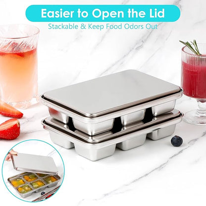 Ice Cube Tray with Lid, 2 Pack 12 Big Cubes, Stainless Steel Ice Cube Trays