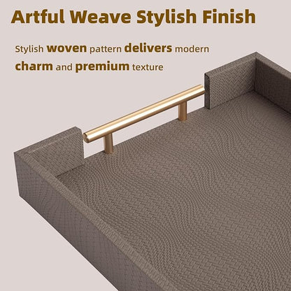 2 Piece Woven Leather Ottoman Tray with Gold Handles, Perfect Rectangular Serving Tray for Living Room, Coffee Table Tray as Thoughtful Gift for Home Decor Enthusiasts (Coffee Brown)