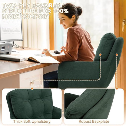 BALIAA Flannel Office Chair, Comfy Home Office Desk Chairs with Lumbar Support, Modern Velvet Desk Chair Gold Legs Small Swivel Task Chair for Home Office, Bedroom, Study (Green, L)