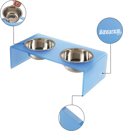 DBL2000C Keaton 5" Small/Medium Modern Acrylic Rectangular Elevated Pet Feeder with 20oz 2-Stainless Steel Bowls, Blue/Chrome