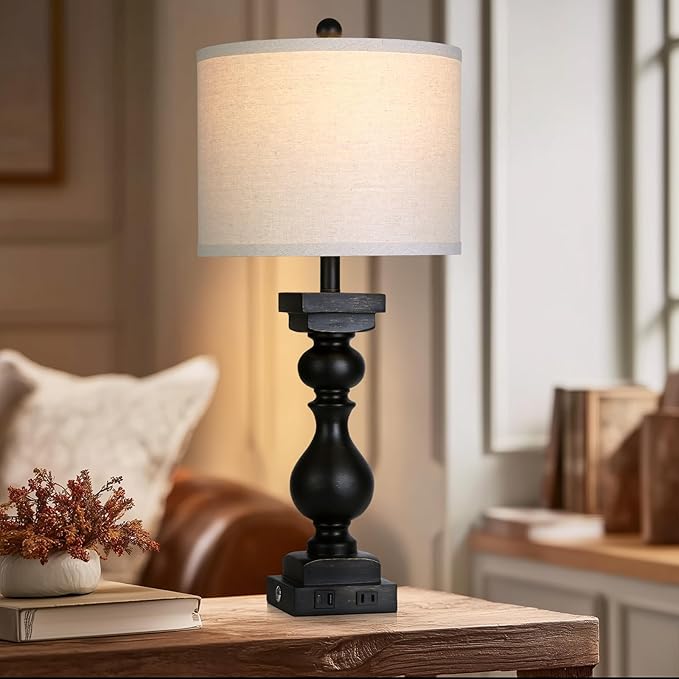 28" Tall Farmhouse Table Lamps Set of 2 with USB C+A Ports and AC Outlet, 3 Way Touch Tall Rustic Bedside Lamps for Living Room, Black Vintage Lamps for Bedroom