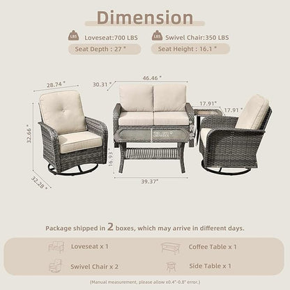 CAODOC 5 Pieces Patio Furniture Set,Outdoor Furniture with Rockers, Rattan Conversation Sets w/Coffee Table, Grey Wicker Light Beige Cushion
