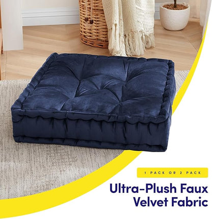 Floor Pillow Large Square Tufted Decorative Cushion 20" x 20" Faux Velvet Fabric Ultra Thick Fill for Kids and Adults, 1 Pack, Navy