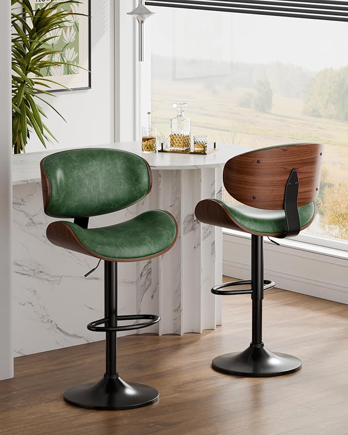 Aowos Bar Stools, Adjustable Swivel Leather Bar Stools for Kitchen Island, Mid Century Modern Counter Height Bar Chairs Barstools with Back & Footrest (Green 1PCS)