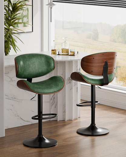 Aowos Bar Stools, Adjustable Swivel Leather Bar Stools for Kitchen Island, Mid Century Modern Counter Height Bar Chairs Barstools with Back & Footrest (Green 1PCS)