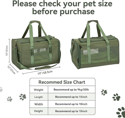 Petsfit 19x12x12 Pet Carrier for Large Cats (up to 20 lbs), Soft-Sided Small Dog Travel Carrier, Upgraded with Patented Buckle and Soft Padding, Ideal for Car Road Trips Green