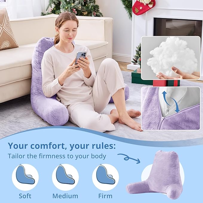 Sasttie 25-inch Reading Pillows for Sitting in Bed Adult, Jumbo Velvet Back Pillow Bed Sitting Up, XL High Back-Rest Support Cushion for Sit Up on Couch & Floor, Oeko-Tex Certified, Lavender