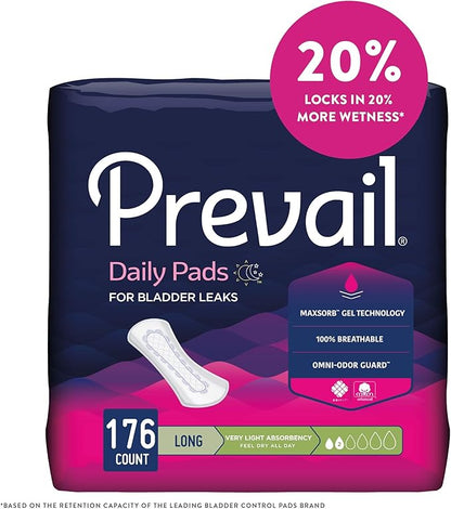 Prevail Proven - Prevail Incontinence Bladder Control Pads - Bladder Leak Pads - Very Light Absorbency, Long, 176 Count (4 Packs of 44)