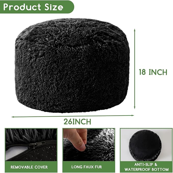 HIGOGOGO Round Stuffed Pouf Ottoman, Long Faux Fur Poufs with Foam Chunk Filling, Fluffy and Furry Pouf Foot Stool Storage Ottoman, 26 X 18 Floor Poufs Foot Rest for Living Room, Black