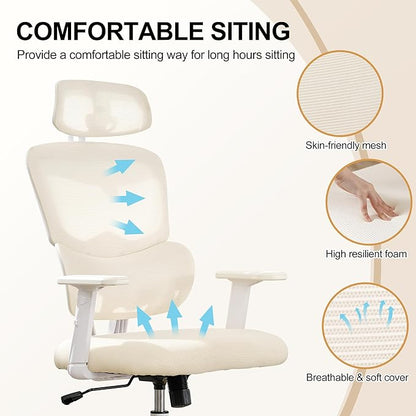 BOWTHY Ergonomic Office Chair,Home Mesh Office Desk Chairs,High Back Office Chair 330 LBS,Swivel Computer Chair with 2D Armrest,Adjustable Headrest,Lumbar Support,Rocking Function (Beige)