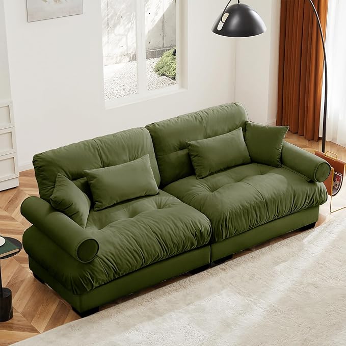 93.7” Loveseat Sofa, 2 Seater Modular Sectional Sofa, Olive Large Sectional Couches for Living Room, Fluffy Couch Set, Love Seat, Velvet Cloud Couch with 4 Pillows, Deep Seat Sofas for Living Room