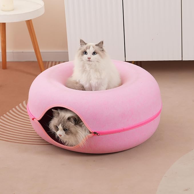 Large Cat Tunnel Bed for Indoor Cats with 3 Toys, Scratch Resistant Donut Cat Bed, Up to 30 Lbs (L 24x24x11, Pink)