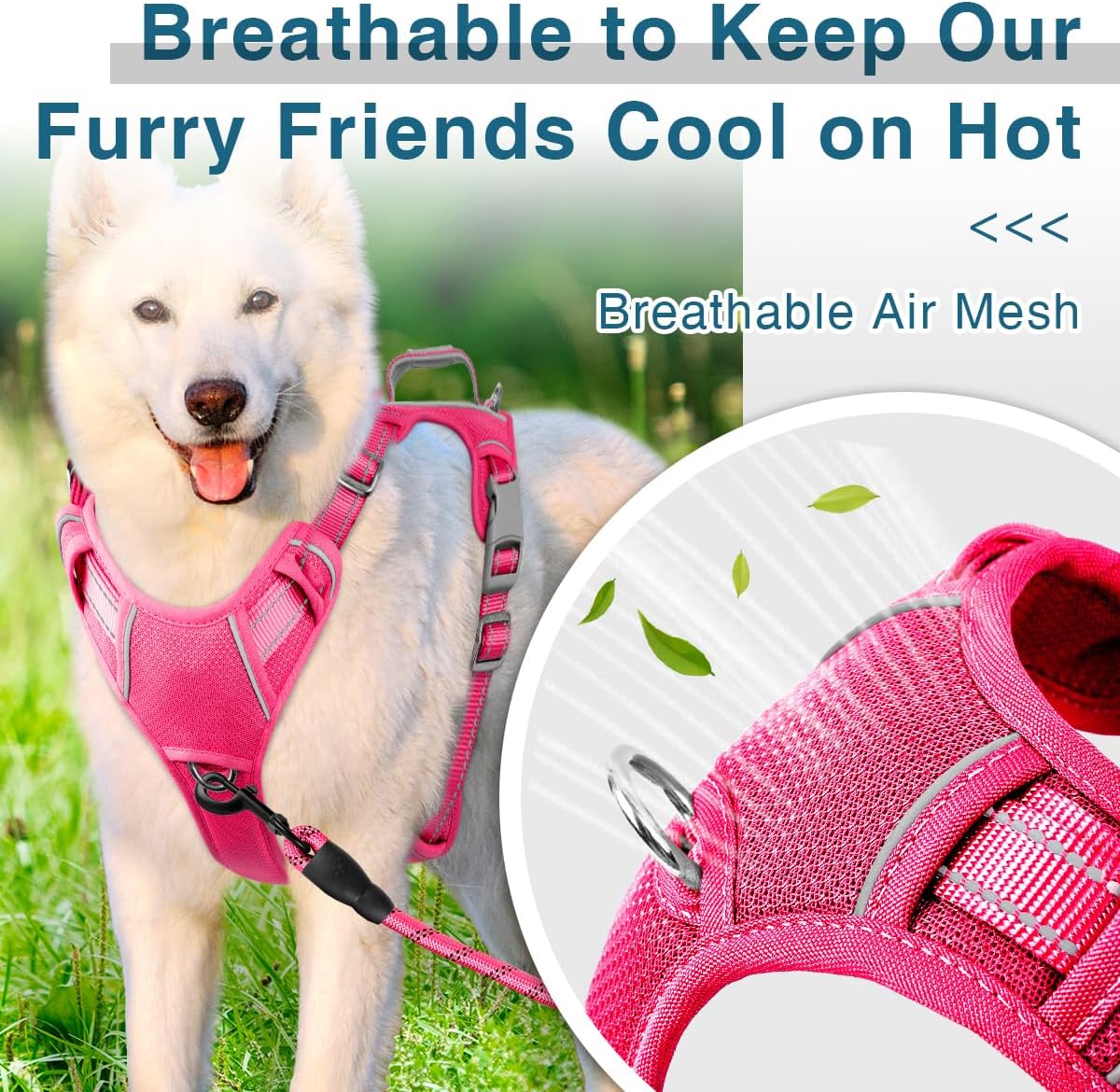 BARKBAY Dog Harness No Pull with ID Tag Pocket - Heavy Duty, Reflective, Easy Control for Large Dogs(Pink,M)
