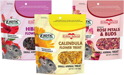 Exotic Nutrition Flower Treat 3 Pack - Healthy Assortment - Hibiscus, Calendula, Rose - for Squirrels, Guinea Pigs, Rabbits, Chinchillas, Prairie Dogs, Degus, Hamster, Gerbils, & Other Herbivores