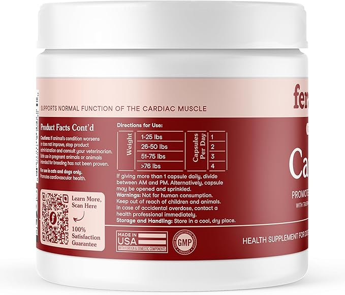Fera Pets Cardiac Support - Cat & Dog Heart Supplement with Taurine, L-Carnitine, & CoQ10 - Promotes Normal Circulation and Heartbeat - 120 Capsules