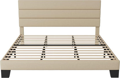 Allewie King Size Platform Bed Frame with Fabric Upholstered Headboard and Wooden Slats Support, Fully Upholstered Mattress Foundation/No Box Spring Needed/Easy Assembly, Beige