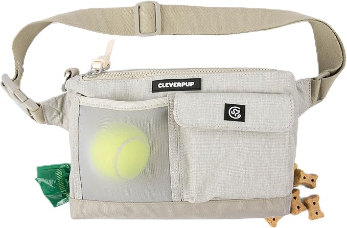 Dog Walk & Train Sling Bag - Hands-Free 2-In-1 Treat Pouch, Poop Bag Holder, Clicker, Phone Pocket - Crossbody/Fanny Pack, Adjustable Strap - Sand