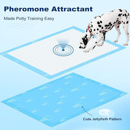 MIZOK XXL Pee Pads for Dogs Super Absorbent Extra Heavy Duty 36x36in 30Ct | Thick Blue Wee Wee Pads for Dogs with Jellyfish Prints Feature Adhesive Tabs and Leak Proof Layers for Potty Training