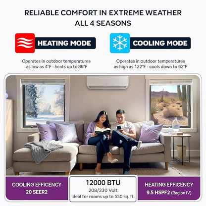 Energy-Saving 12000 BTU / 220V Ductless Mini Split AC/Heating System – 20 SEER