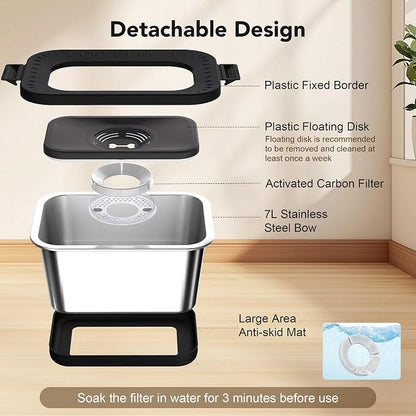 Decflow 7L Stainless Steel Dog Water Bowl, No Spill Anti-Splash Dog Bowls with Anti-Skid Mat, Spill-Proof Slow Feeder for Messy Drinkers, Heavy Duty Pet Bowls for Indoor/Outdoor Use Black