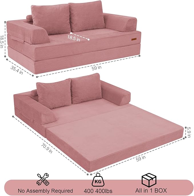 COMAX Convertible Sofa Bed, Folding Floor Couch Corduroy Fold Out Couch Bed Futon Sleeper Mattress with Pillows, Boneless Sofa Comfy Lounge Loveseat for Living Room Bedroom, Pink